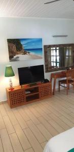 拉迪格岛拉迪格自助公寓酒店的客厅配有平面电视和桌子。