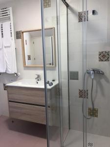 塞哥维亚Casa Navalhorno- barrio nuevo Valsain的带淋浴、盥洗盆和镜子的浴室