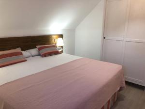 塞哥维亚Casa Navalhorno- barrio nuevo Valsain的一间卧室配有一张带粉色毯子的大床