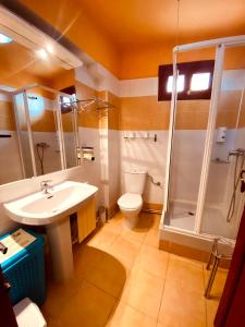 布尔戈斯卡米诺旅馆的一间带水槽、淋浴和卫生间的浴室