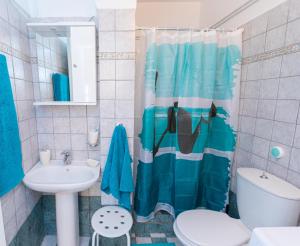 斯基亚索斯镇Captain's Villa的浴室设有蓝色的浴帘和水槽