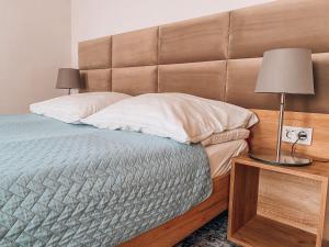 库多瓦-兹德鲁伊La Park Aparthotel的一间卧室配有一张带大床头板的床