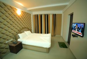 特里凡得琅Hotel Falcon的一间卧室配有一张床和一台平面电视