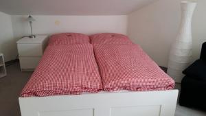 布劳恩拉格斯基维斯河畔高舍公寓的一张床上的红色枕头