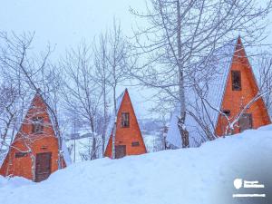 梅斯蒂亚Paradiso Mestia的雪中一组三角形的房子