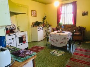 阿沃斯塔Charming 1-Bed studio in Avesta的一间带桌子的客厅和一间厨房