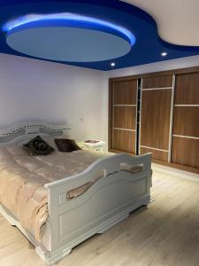 坎普朗莫道尼斯Casa Diana&Ovi的一间卧室配有一张蓝色天花板的床