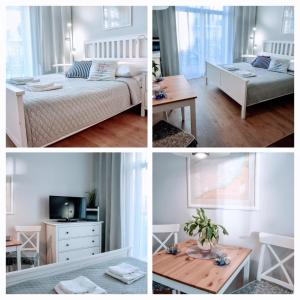 斯维诺乌伊希切Apartamenty na Wyspie - Promenada的卧室四幅图,一张床位和一张桌子