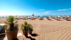 乌尔齐尼Azul Beach Resort Montenegro by Karisma - All Inclusive的海滩上设有椅子和遮阳伞,还有大海