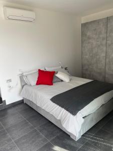 特雷梅佐La Filanda di Viano in Villa的一间卧室配有一张带红色枕头的大床