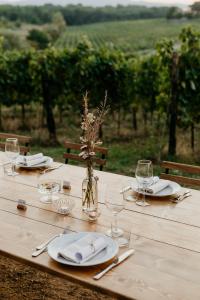 布奇内Perelli Winery的木桌,带盘子和玻璃杯,花瓶
