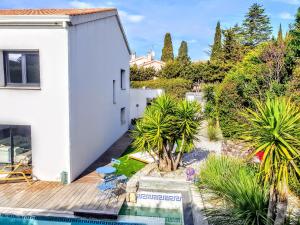 滨海萨纳里La Villa Blanche的享有带游泳池和植物的房子的景色