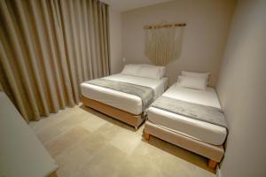 托卢Loa Hotel的小型客房配有两张床和窗帘