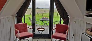 瓦门赫伊曾Hotelhuisje Warmenhuizen #A的一间设有两把椅子和一张桌子的房间,享有田野的景色