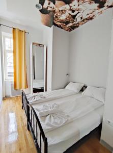 萨拉热窝法兰兹费迪南旅馆的卧室内的两张床,天花板上绘有绘画
