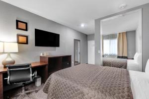 皇后区Hotel Pergola Jamaica JFK的酒店客房配有一张床、一张书桌和一台电视。