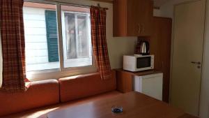 卡瓦利诺Mobilehomes in Cavallino-Treporti 33773的带沙发的厨房和带微波炉的窗户