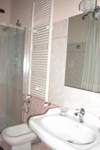 塞尔·迪·拉波拉诺Apartments in Asciano/Toskana 24096的一间带水槽、卫生间和镜子的浴室