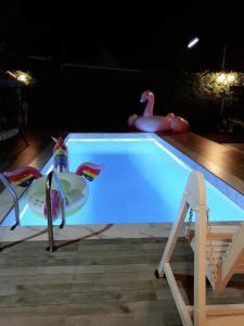 华欣Little home poolvilla的一个带天鹅和天鹅玩具的游泳池