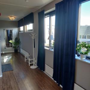 韦特兰达中央酒店的客厅铺有木地板,配有蓝色窗帘。