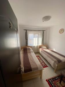 雅西Casa Mărguța的一间卧室设有两张床和窗户。