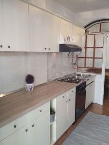 波雷奇Apartment in Porec/Istrien 33042的厨房配有白色橱柜和木制台面
