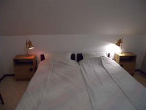 鲍洛通费尼韦什Holiday Homes in Balatonfenyves/Balaton 18356的一间卧室配有两张带白色床单和两盏灯的床。