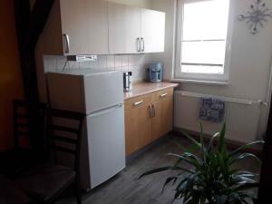 施特拉尔松德Apartment in Stralsund 2736的厨房配有白色冰箱和木制橱柜。