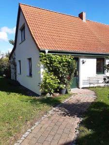 GustowHoliday home in Gustow/Insel Rügen 3012的白色的房子,有红色的屋顶和砖砌车道