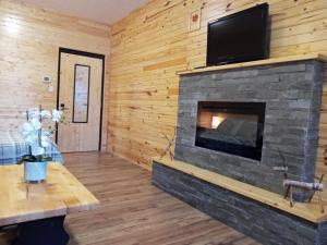 Killaloe StationSchoolhouse Inn的客厅设有石制壁炉和平面电视。