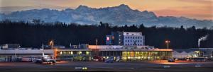 腓特烈港宜必思腓特烈港机场展览馆酒店的停泊在机场的飞机,背景是群山