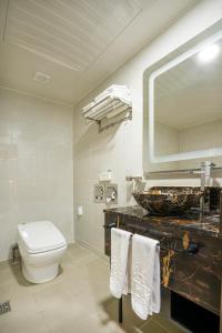 安山市Embledon Hotel的一间带卫生间、水槽和镜子的浴室