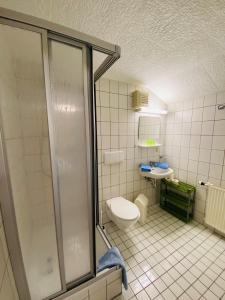 伦韦格地区诺伊豪斯Haus Rosenbaum Gruppenhaus- Begegnungsstätte - Pension的带淋浴、卫生间和盥洗盆的浴室