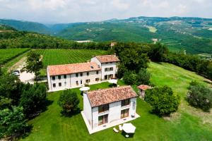 NovaglieTenuta Delo Relais的享有一座带葡萄园的山丘上房屋的空中景致