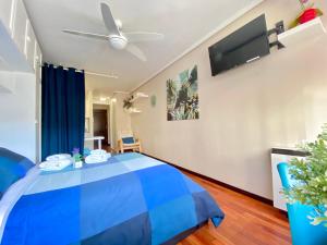 维戈FLORIDA 125的一间卧室配有蓝色的床和一台平面电视