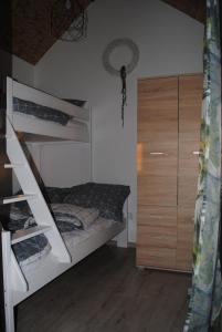 鲁斯诺沃Domki nad morzem, Laba Rusinowo koło Jarosławca,的一间卧室配有两张双层床和一个衣柜