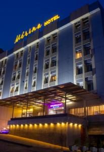 雅温得MERINA HOTEL的夜间标有标志的酒店大楼