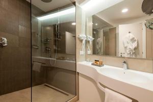 那不勒斯那不勒斯假日酒店的一间带水槽、淋浴和镜子的浴室