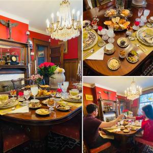 加纳诺克1000 Islands Bed and Breakfast-The Bulloch House的用餐室的两张照片,餐桌上摆放着各种食物