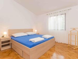 奈维斯Apartment in Njivice/Insel Krk 27855的一间卧室配有一张带蓝色床单的床和一扇窗户。