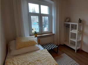 莱格尼察Lemuria Hostel Szkolna centrum的一间小卧室,配有两张床和窗户