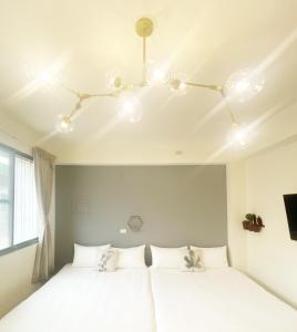 台南have fun ! 花園夜宿的一间卧室设有两张床,天花板设有灯光。