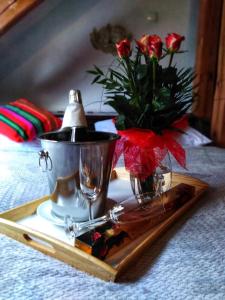 波兰尼卡-兹德鲁伊Pensjonat Willa w Parku的装有茶具和玫瑰花瓶的托盘