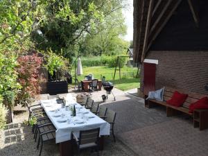 莱尔丹Quaint Farmhouse near River in Oosterwijk的一个带桌椅和烧烤架的庭院