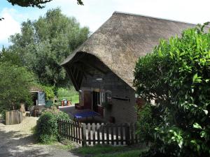 莱尔丹Quaint Farmhouse near River in Oosterwijk的一座带茅草屋顶的小房子,设有围栏
