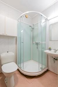 曼达尔Hald Sommer的带淋浴、卫生间和盥洗盆的浴室