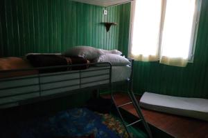 圣皮耶尔代勒福尔卡Appartement T3 en RDC 54 m2 avec balcon的绿色客房配有双层床和窗户。
