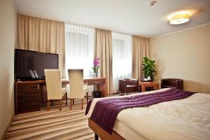马佐夫舍地区新庄园Hotel Mazovia Airport Modlin的酒店客房配有一张床、一张书桌和一台电视。