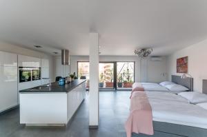 布尔诺VV酒店及公寓的厨房以及带两张床和柜台的卧室。