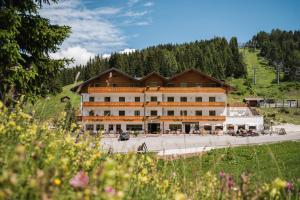 阿拉巴Laguscei Dolomites Mountain Hotel的田野中间的大建筑